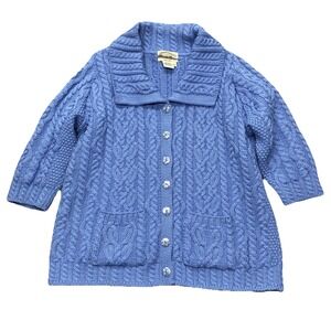 ARAN CRAFTS Ireland Merino Wool Cardigan Sweater Blue Cable Knit Fisherman XL